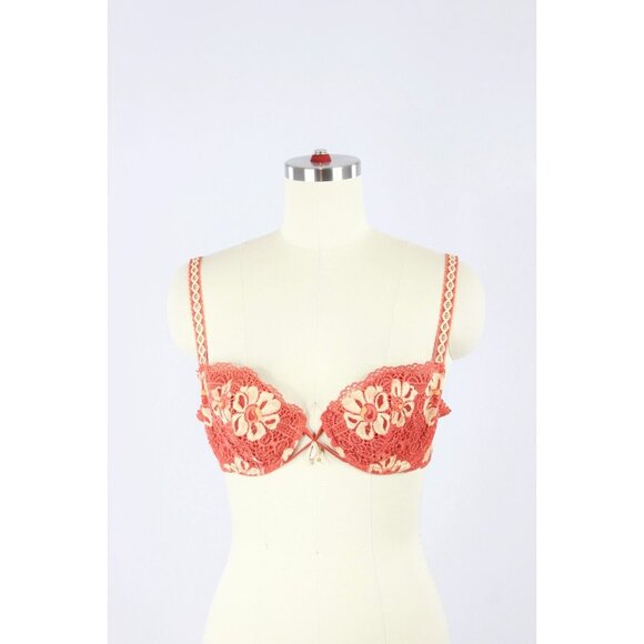 LEJABY Red Yellow Floral Lace Seashell Charm Demi Bra, Size 34C - Picture 10 of 13